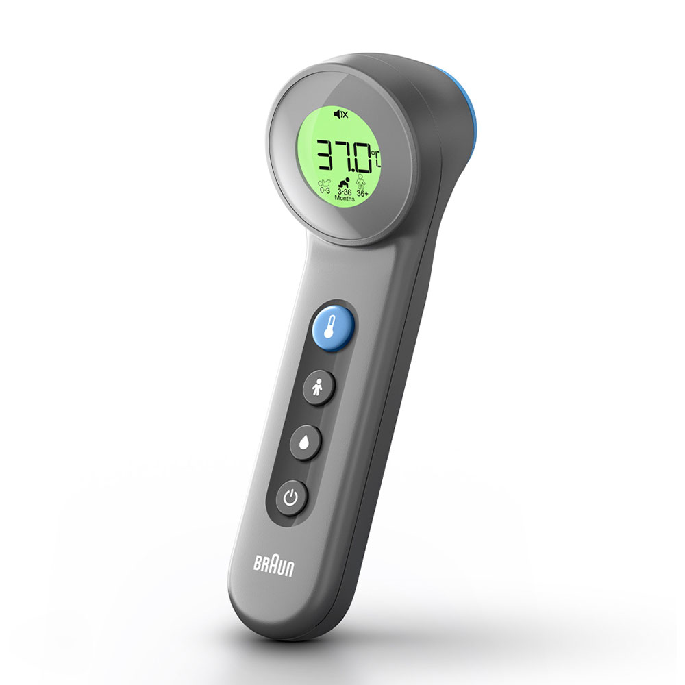 Graues Braun-Thermometer. Anzeige zeigt 37,0°C. Blaue Taste, Baby-Taste und Ein/Aus-Taste vorhanden. Braun-Logo unten.