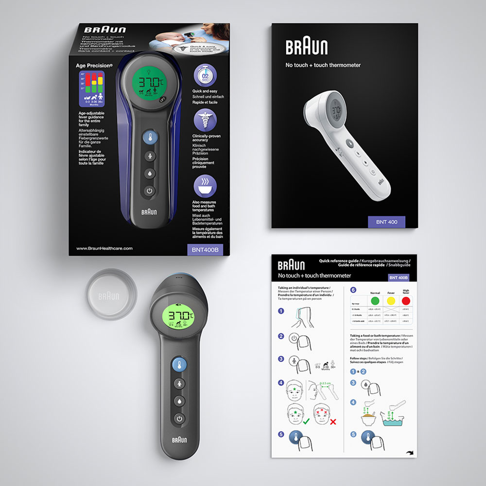 Thermometer und Verpackung. Kartons und Broschüren mit Braun-Thermometer. Informationen zum Thermometer und seiner Verwendung.