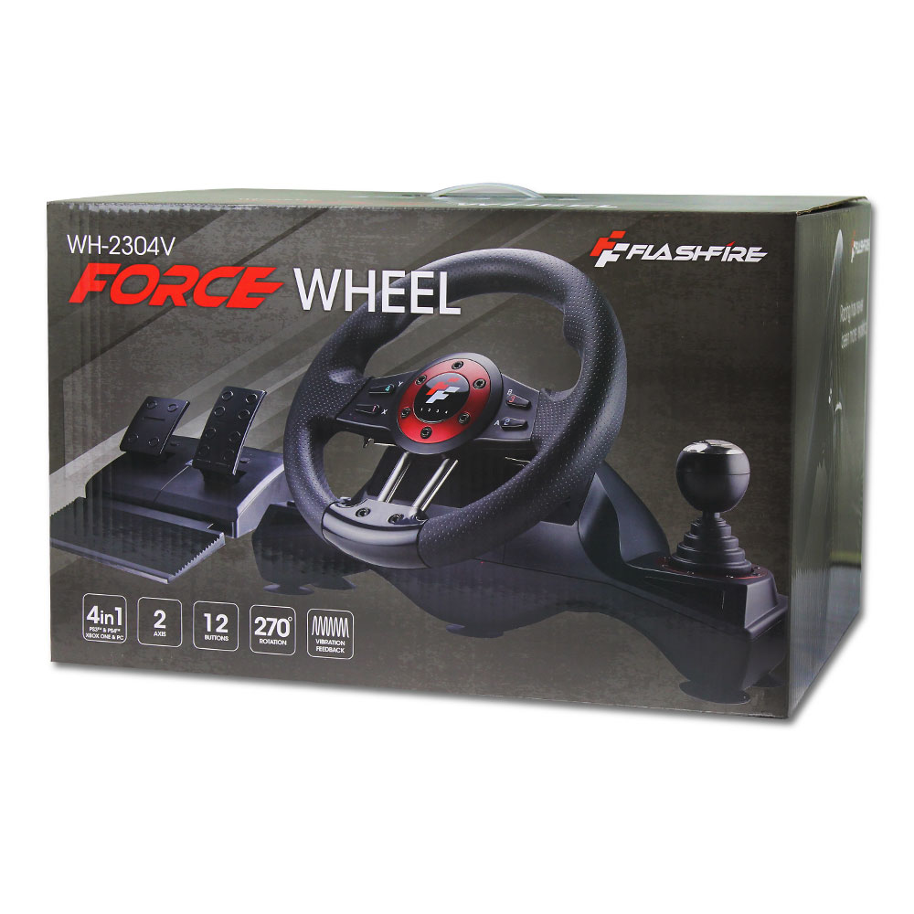 Kierownica wyścigowa Force Wheel w pudełku, białe tło.