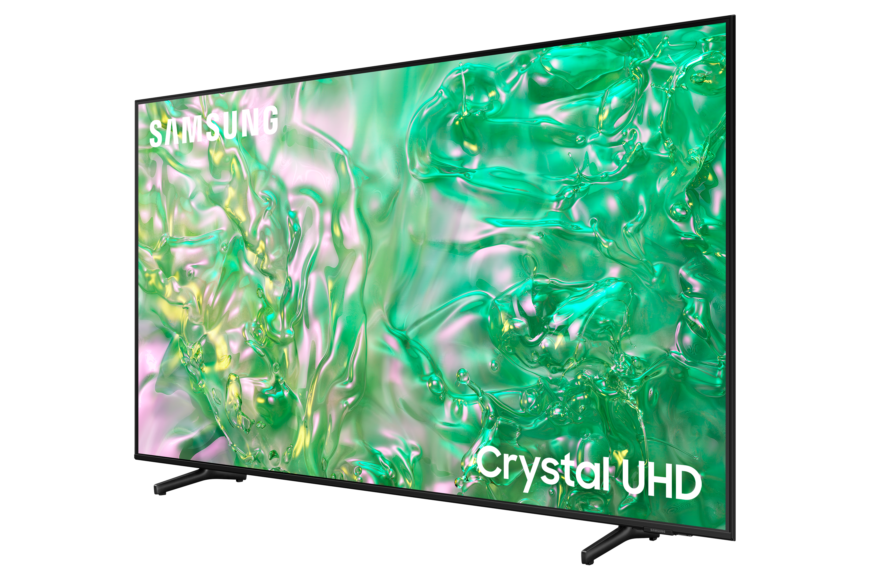 Telewizor Samsung Crystal UHD, czarna ramka, zielony wzór tła, na czarnej powierzchni.