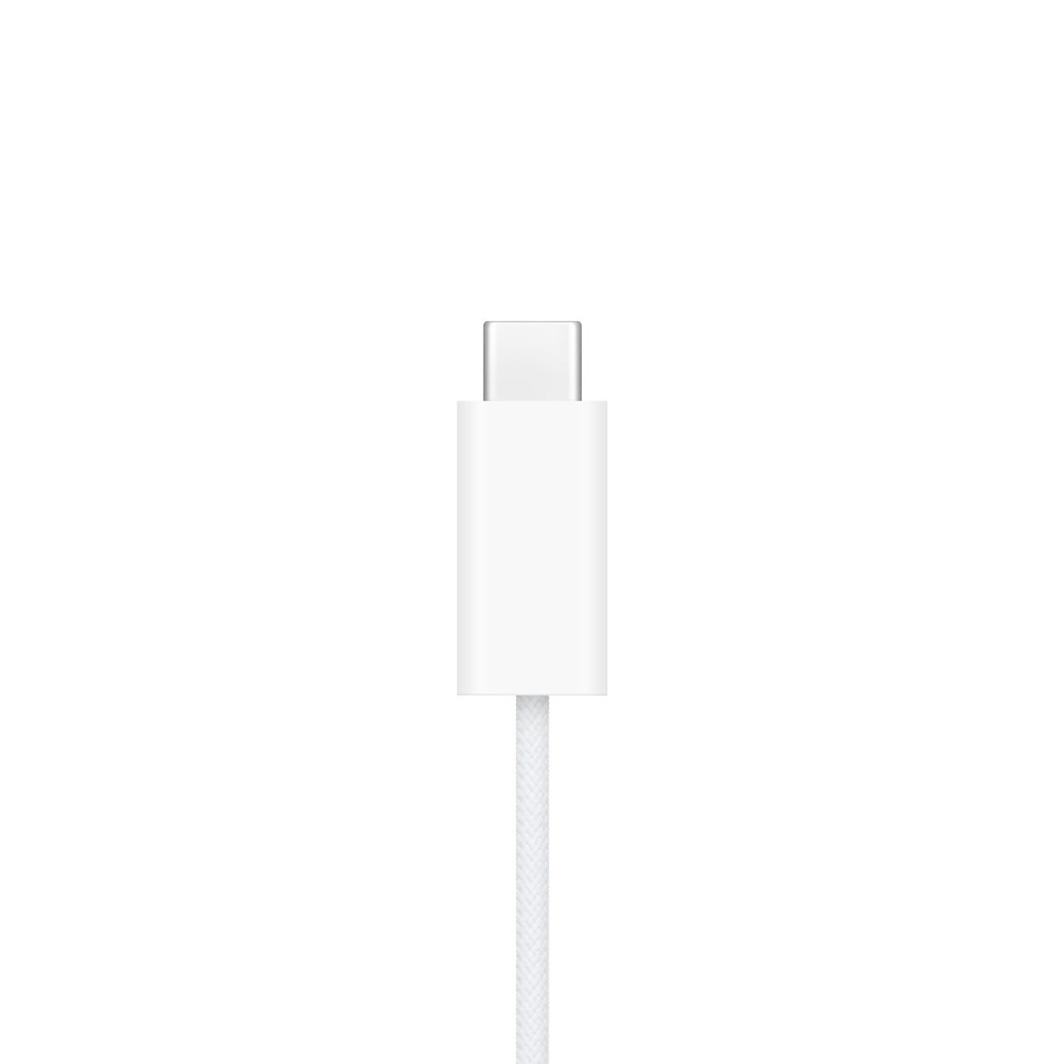 Ein weißes USB-C-Kabel. Das Kabel ist gerade und hat an einem Ende einen Anschluss.