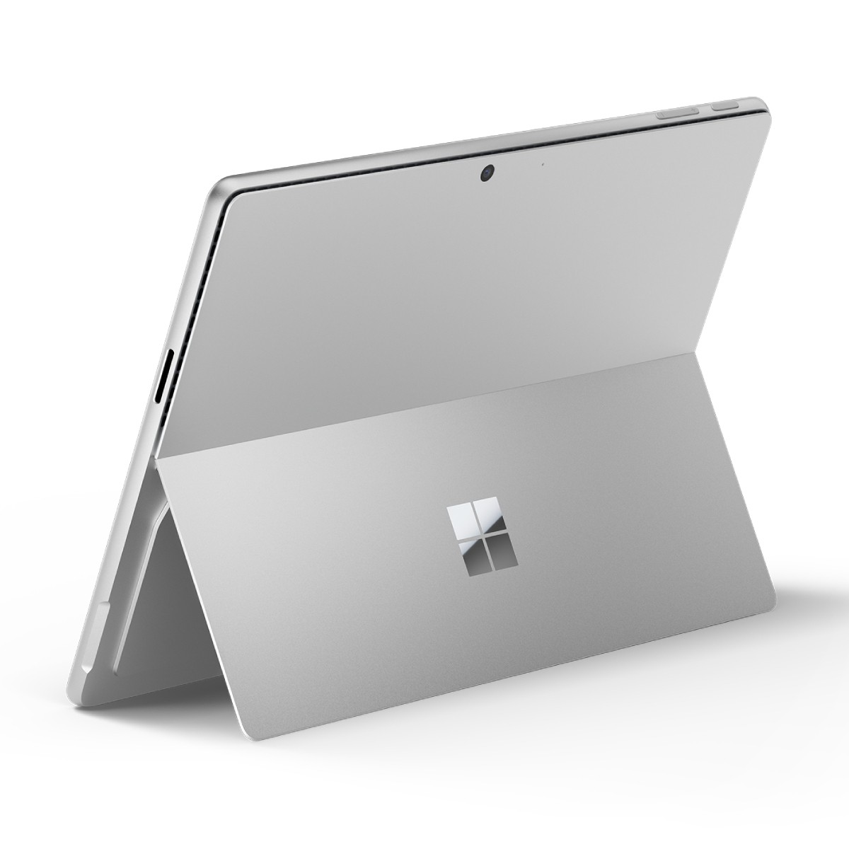 Un tablet argentato con cavalletto, che mostra la vista posteriore e laterale.