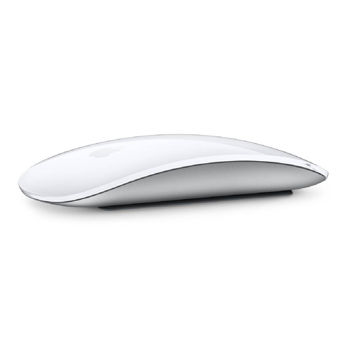 Mouse Apple bianco, vista laterale, su superficie bianca. Bordo argentato, logo Apple visibile.
