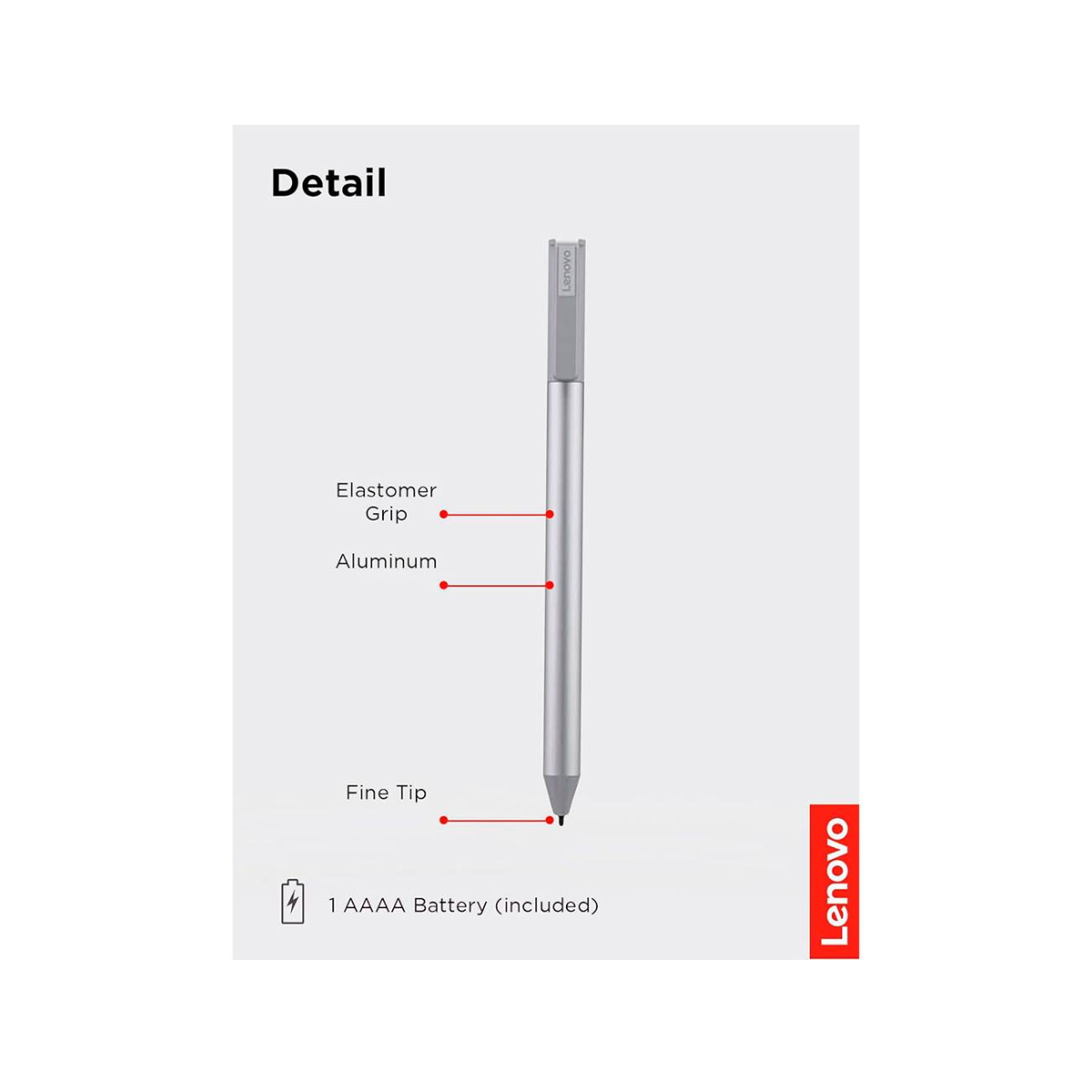 Lápiz óptico Lenovo con etiquetas que indican agarre de elastómero, aluminio y punta fina.