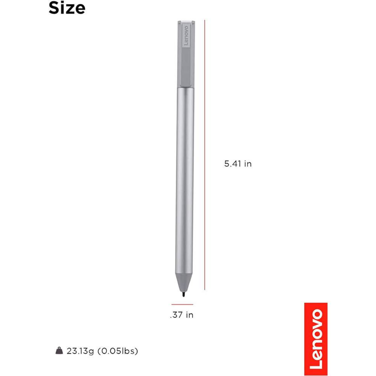 Un bolígrafo Lenovo plateado con detalles de tamaño, mostrando longitud y peso.
