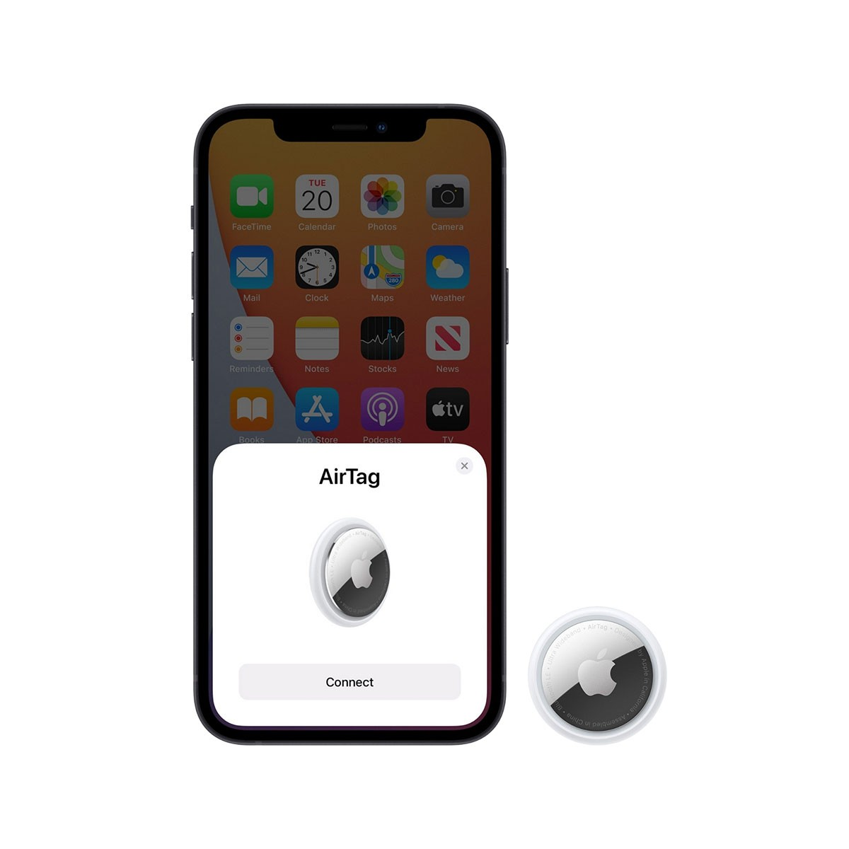 iPhone pokazujący ekran konfiguracji AirTag, z AirTagiem i przyciskiem 'Połącz'.