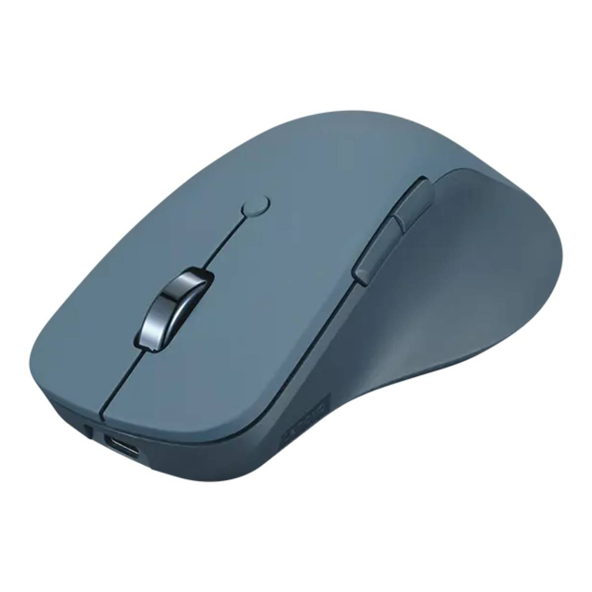 Blue Lenovo mouse, top view, white background.