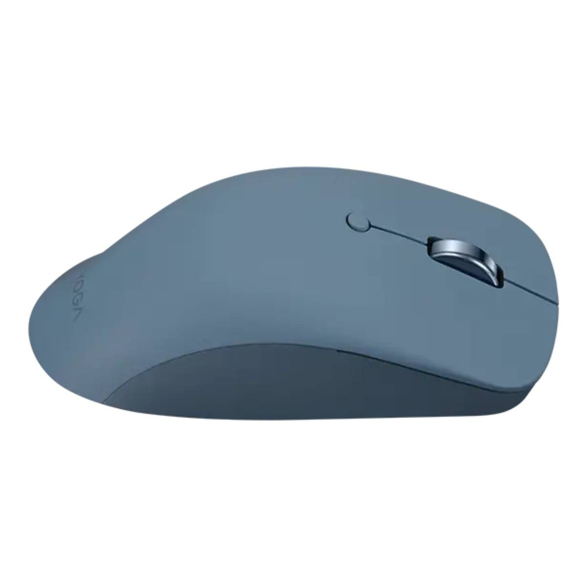 Blue Lenovo mouse, side view, white background.