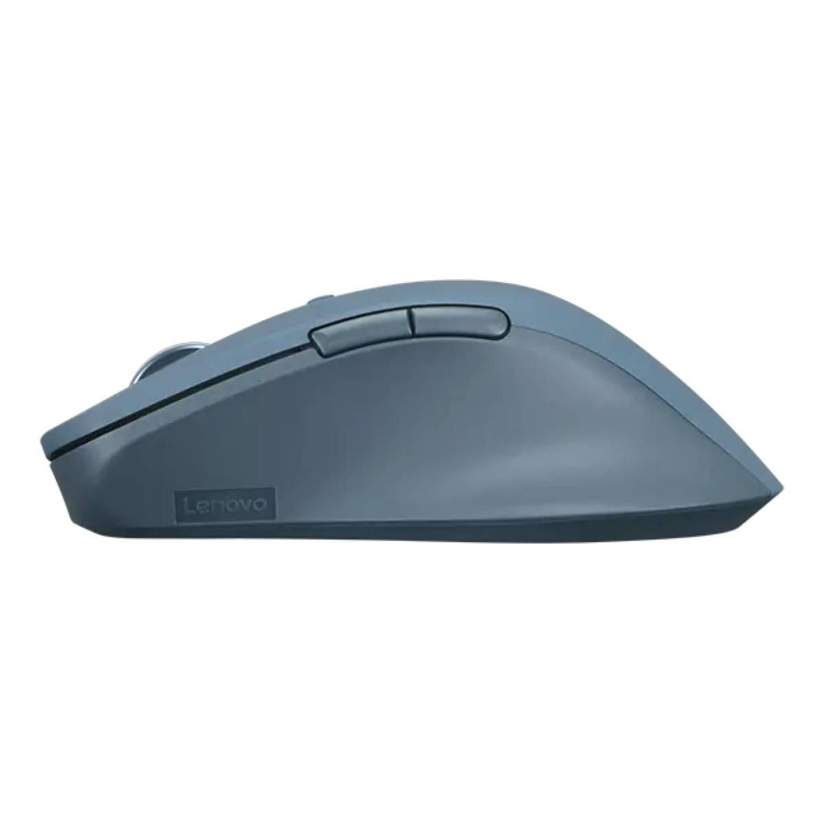 Blue Lenovo mouse, side view, white background.