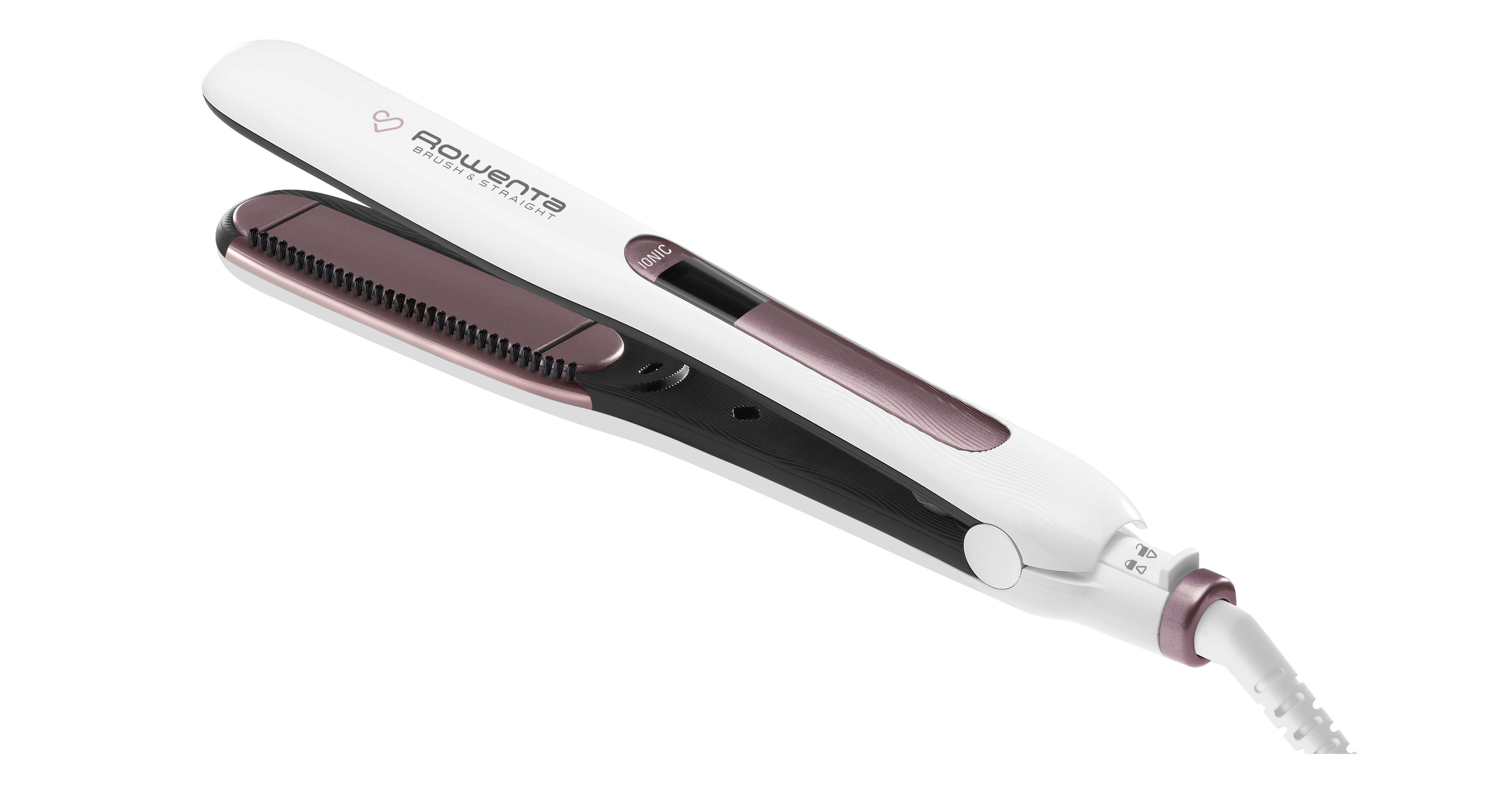 Witte en paarse stijltang, met 'Rowenta' en 'Brush & Straight' branding, op een witte achtergrond.