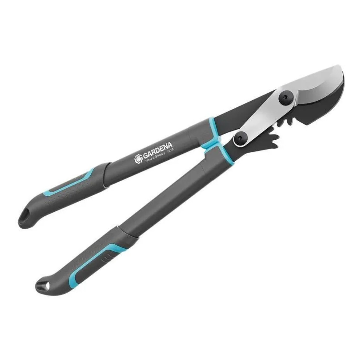 Sekator Gardena, czarny i szary z niebieskimi akcentami. Na białym tle.