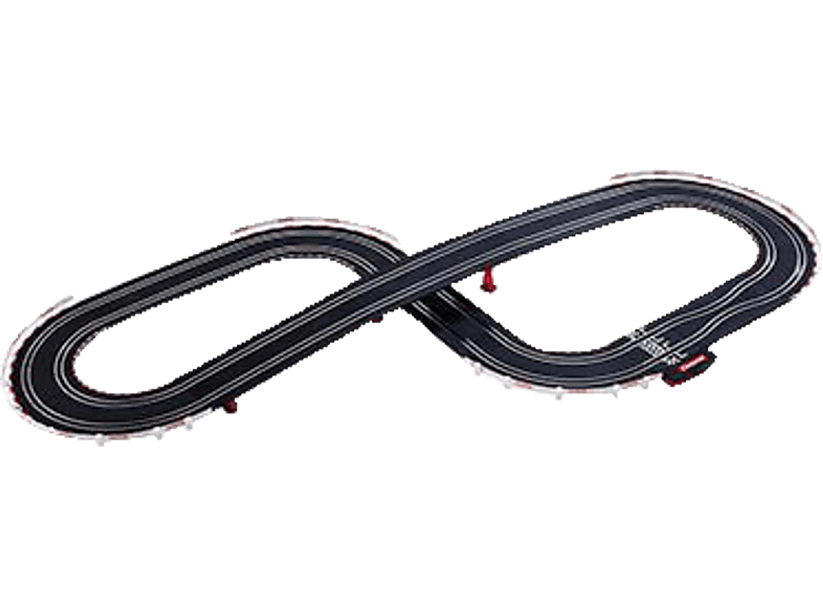 Pista da corsa Carrera nera con linee bianche e dettagli rossi. Isolato su sfondo nero.