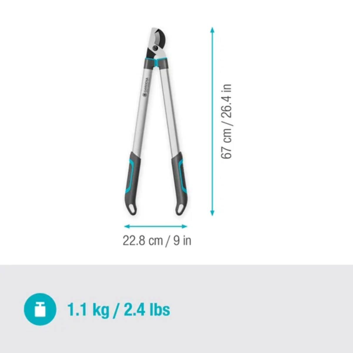 Sekator Gardena, czarny, turkusowe detale, wymiary i informacje o wadze.