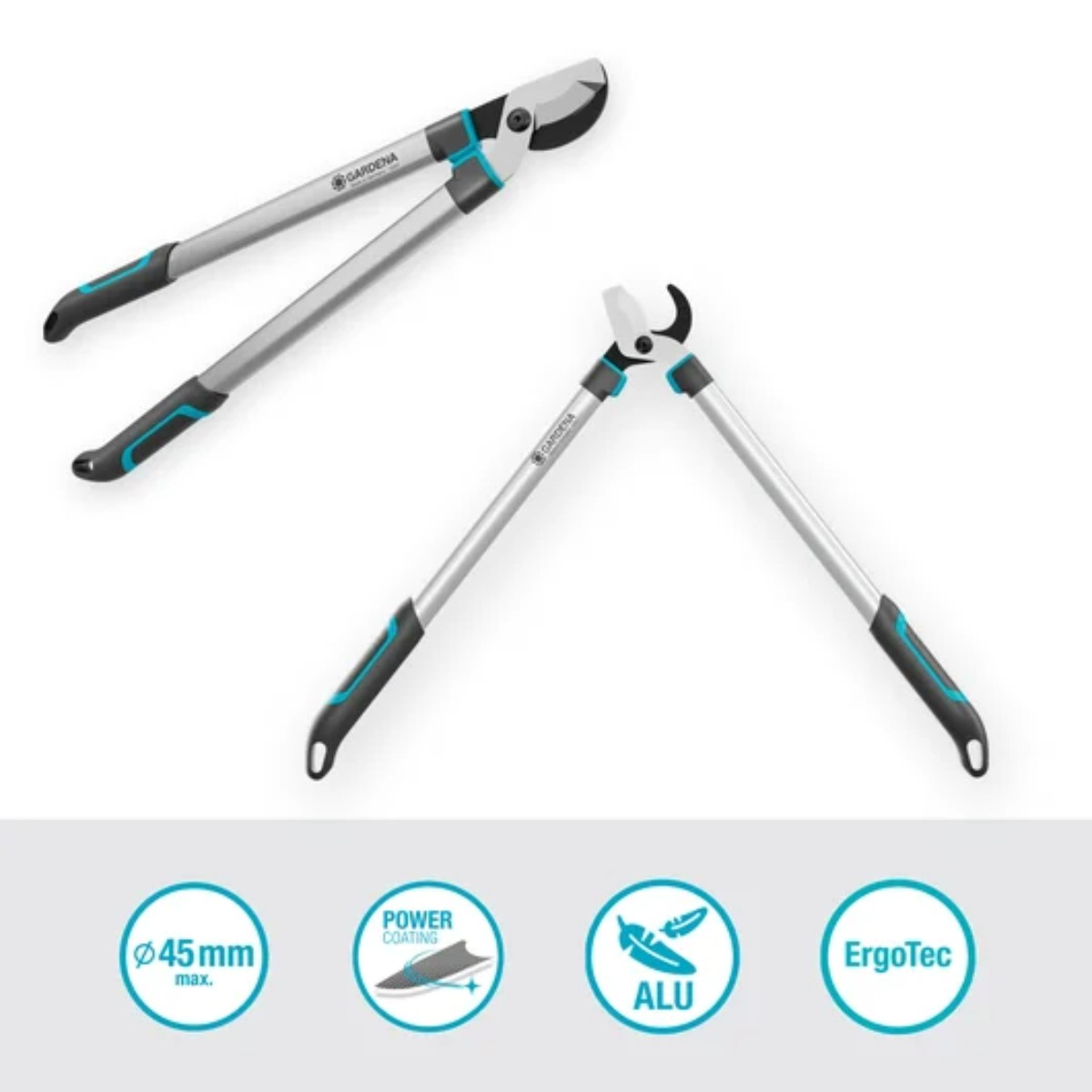 Nożyce do przycinania Gardena. Pokazano dwie pary: jedne otwarte, drugie zamknięte. Białe tło, szczegóły produktu.