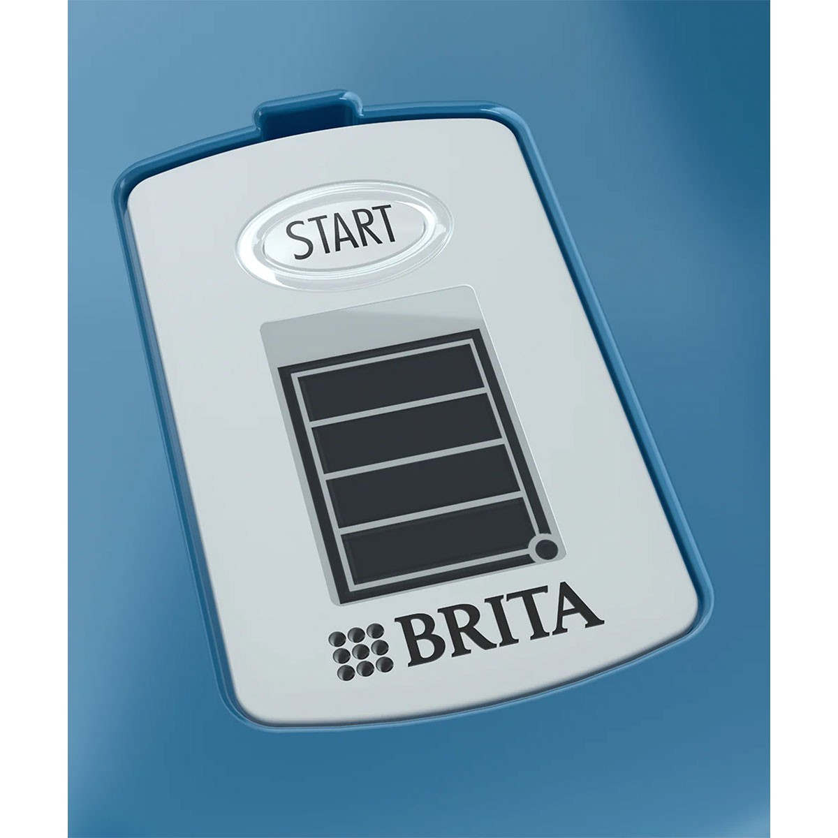 Niebieski wskaźnik stanu filtra wody Brita z przyciskiem „Start” i wskaźnikiem baterii.