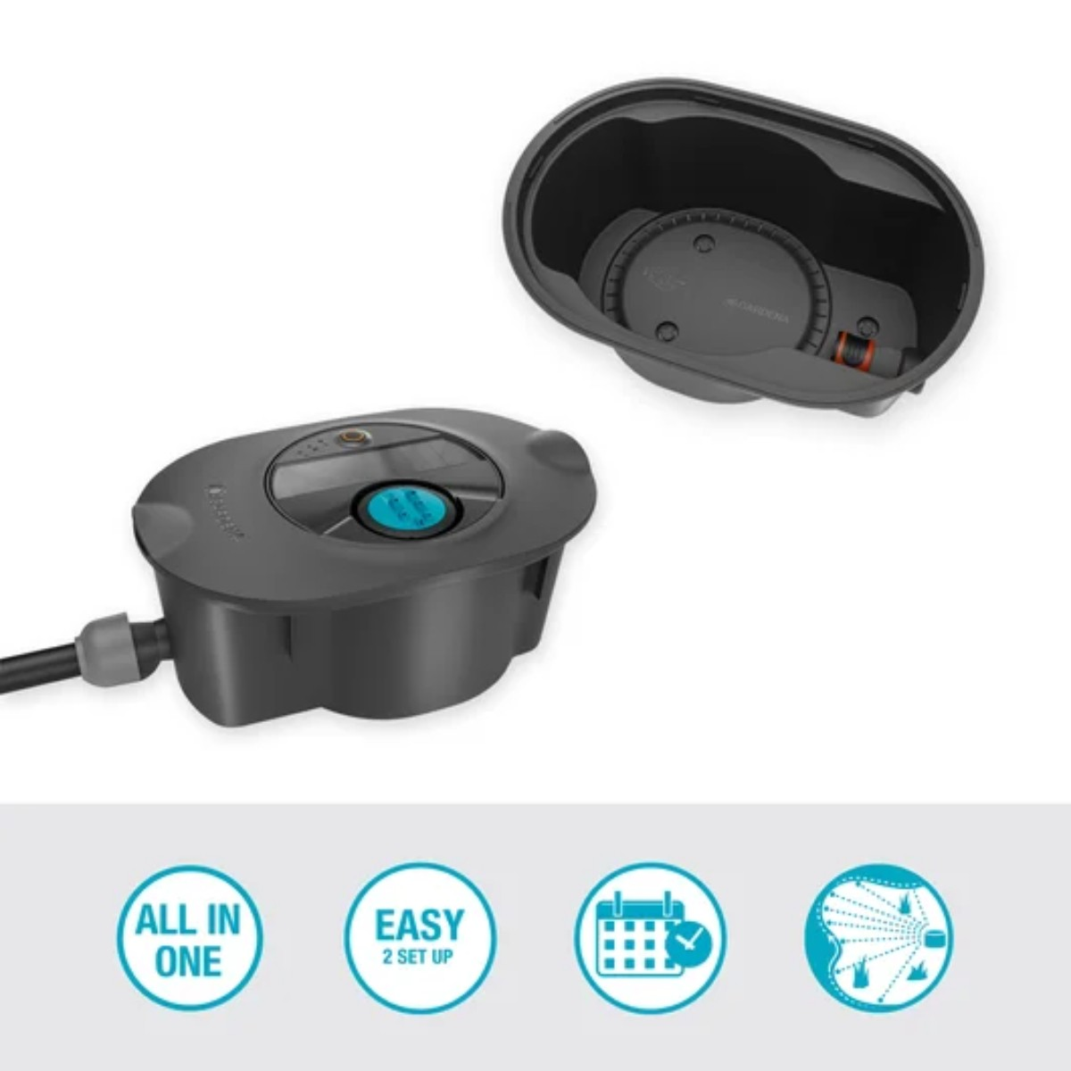 Un controller di irrigazione nero con icone e testo, e un coperchio separato.