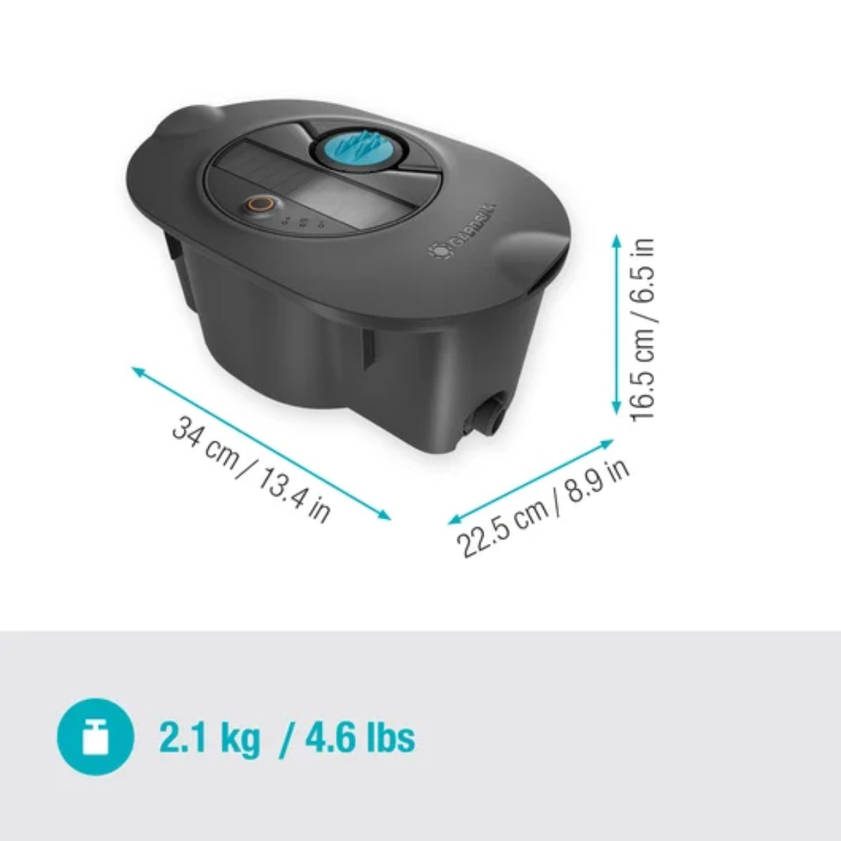 Controller di irrigazione nero, dimensioni e peso sono visualizzati sulla superficie.