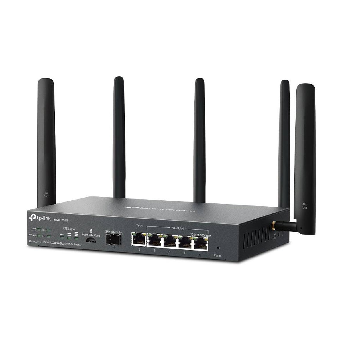 Schwarzer Router mit Antennen. WAN-, WAN/LAN-Anschlüsse sichtbar. Weißer Hintergrund.