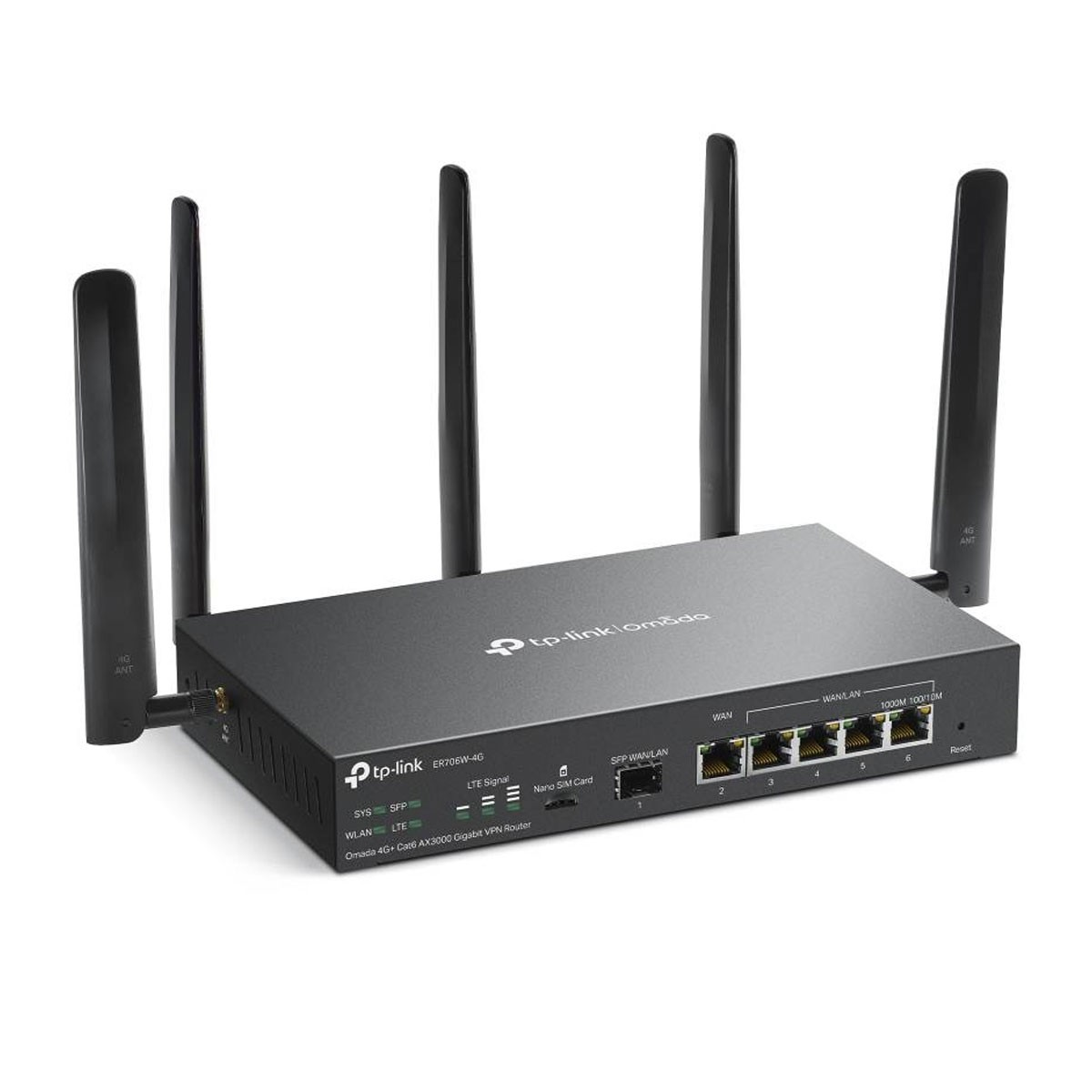 Schwarzer Router mit Antennen. Das Gerät ist schwarz und hat einen weißen Hintergrund.