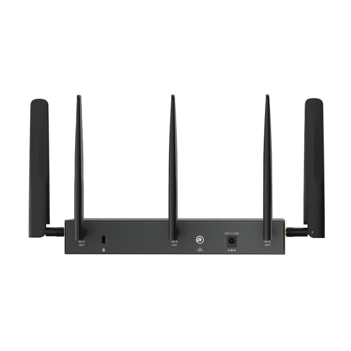 Ein schwarzer Router mit Antennen und Anschlüssen, beschriftet mit Wi-Fi und Stromangaben.