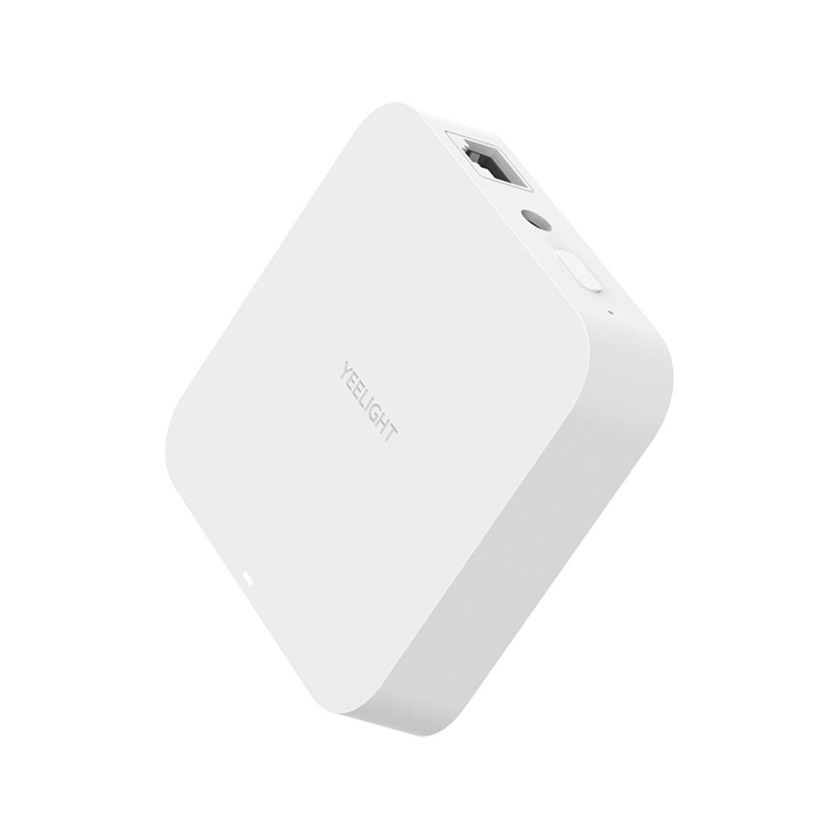 Biały hub automatyki domowej Yeelight. Ma kwadratowy kształt z zaokrąglonymi krawędziami i portami.
