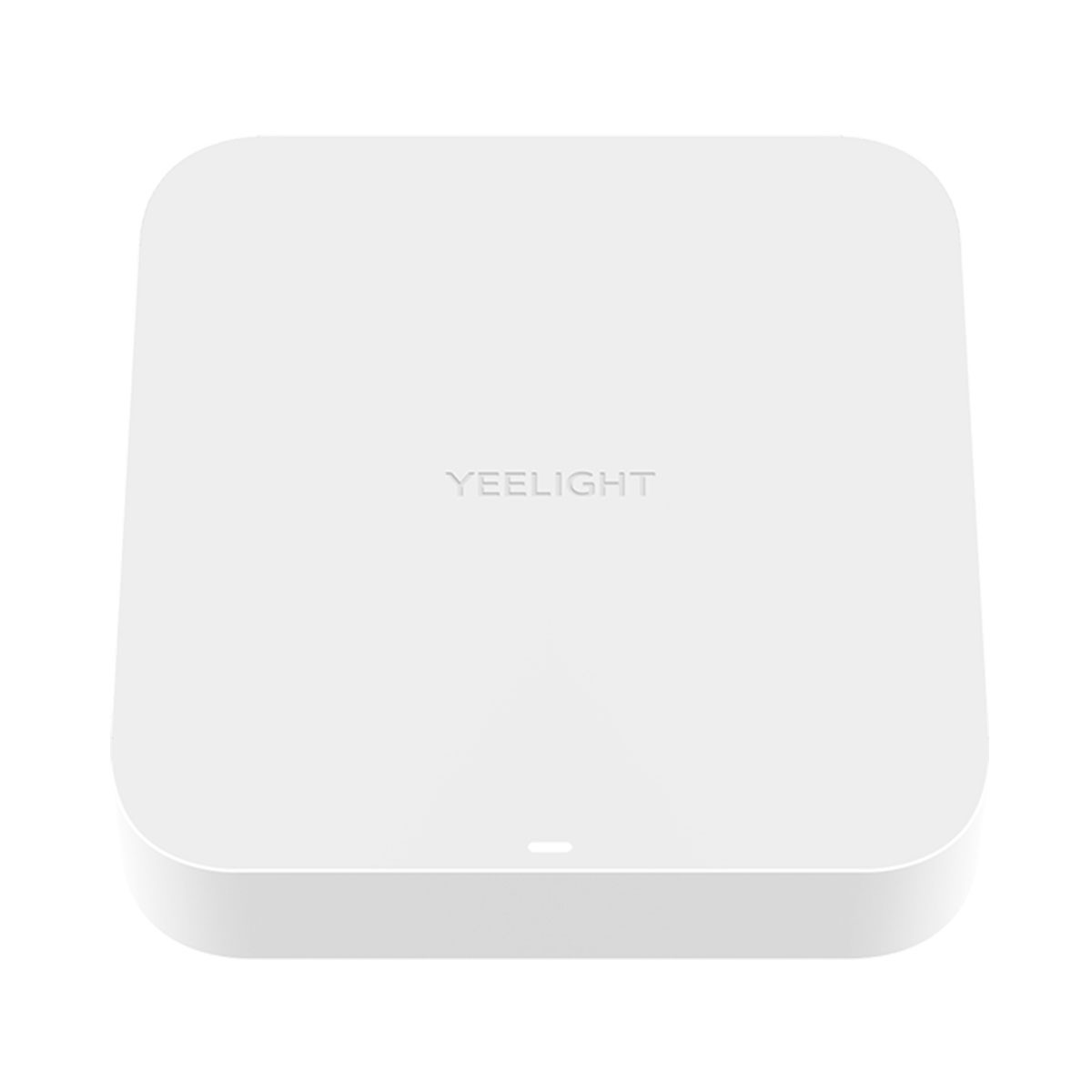 Białe urządzenie Yeelight, widok z góry. Logo Yeelight. Logo Google Home i Alexa.