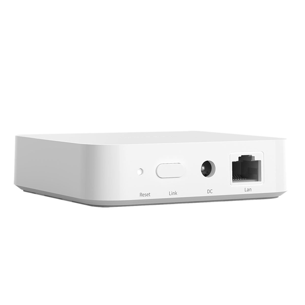Białe urządzenie, widok z tyłu. Widoczne porty Reset, Link, DC i LAN. Białe tło.