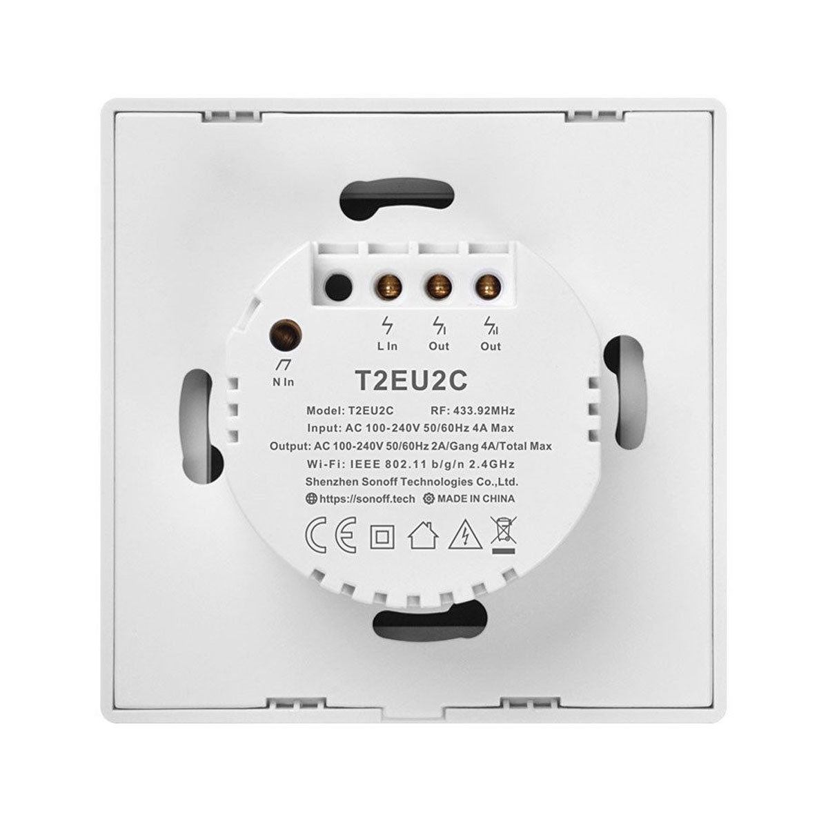 Widok z tyłu białego inteligentnego włącznika światła z zaciskami, etykietami i znakami regulacyjnymi.