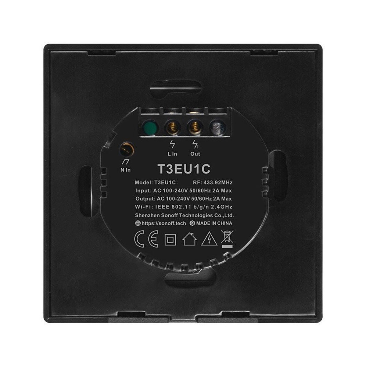 Czarny włącznik ścienny z centralnym panelem sterowania i symbolem Wi-Fi.