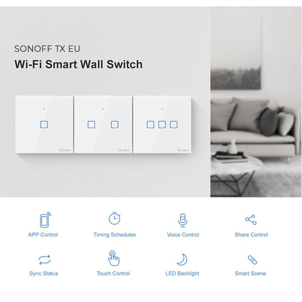 Zdjęcie produktu SONOFF TX EU Wi-Fi Smart Wall Switch z ikonami funkcji poniżej.