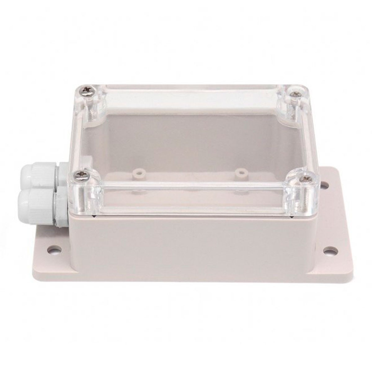 Scatola di plastica beige con coperchio trasparente, due pressacavi e base di montaggio.