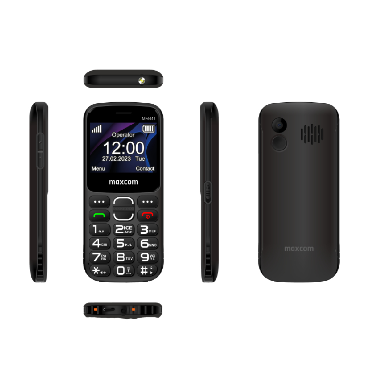Telefono cellulare con pulsanti grandi, schermo che mostra l'ora, e varie viste.