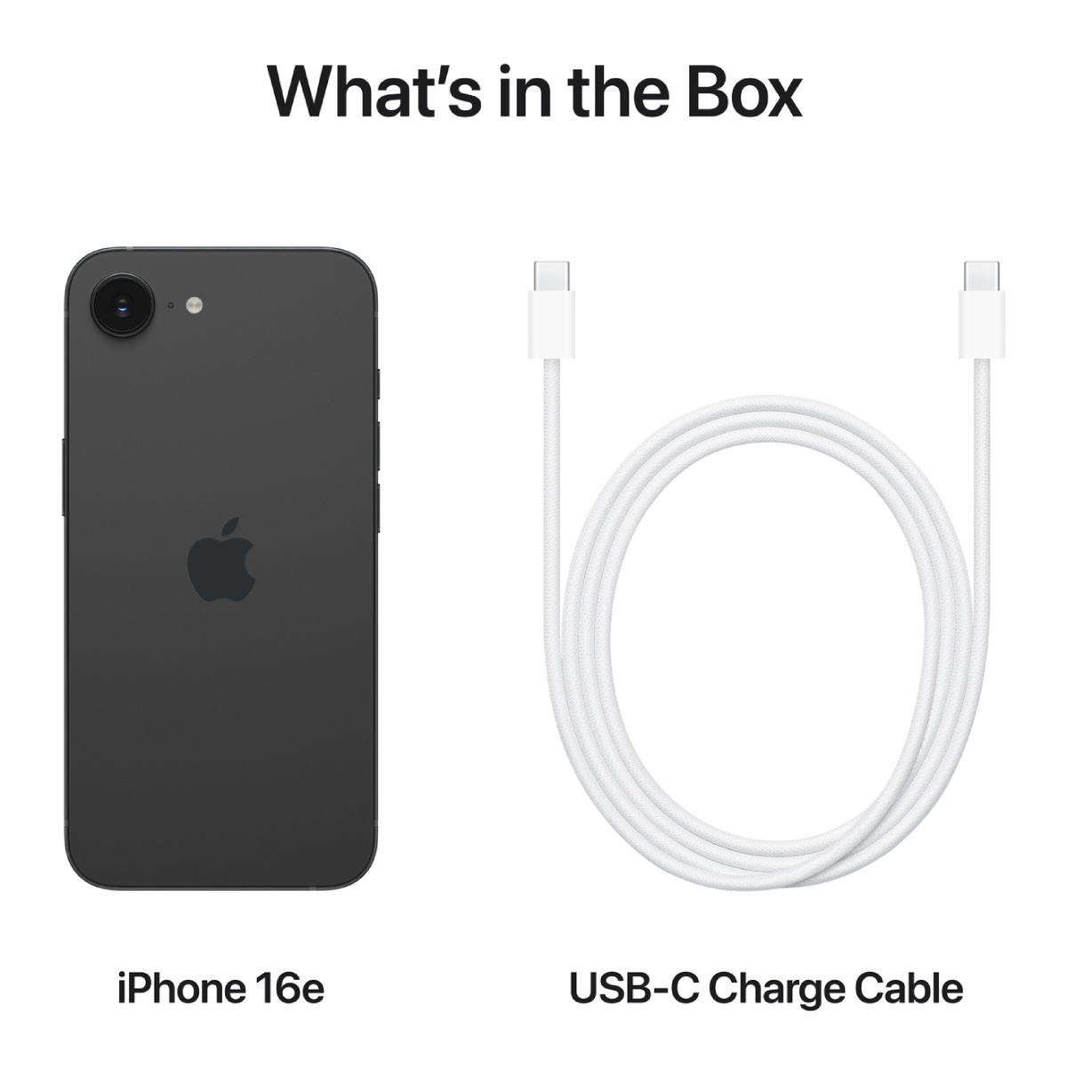 iPhone 16e i kabel ładujący USB-C na białej powierzchni. Tekst brzmi: Co jest w pudełku.