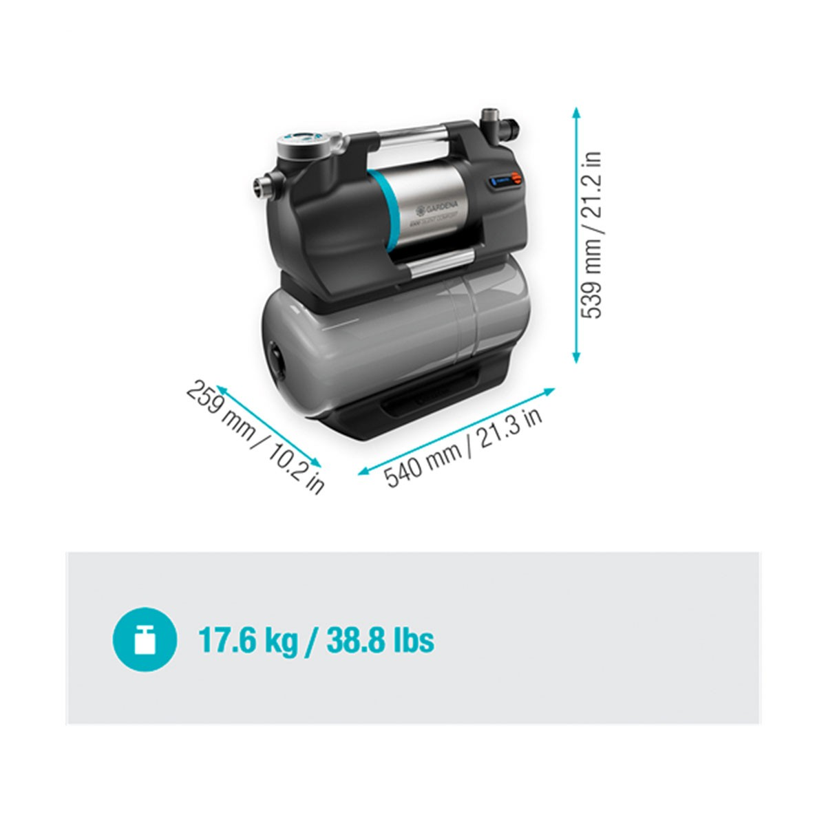 Pompa wodna z wymiarami i szczegółami wagi, w tym 17,6 kg / 38,8 funtów.