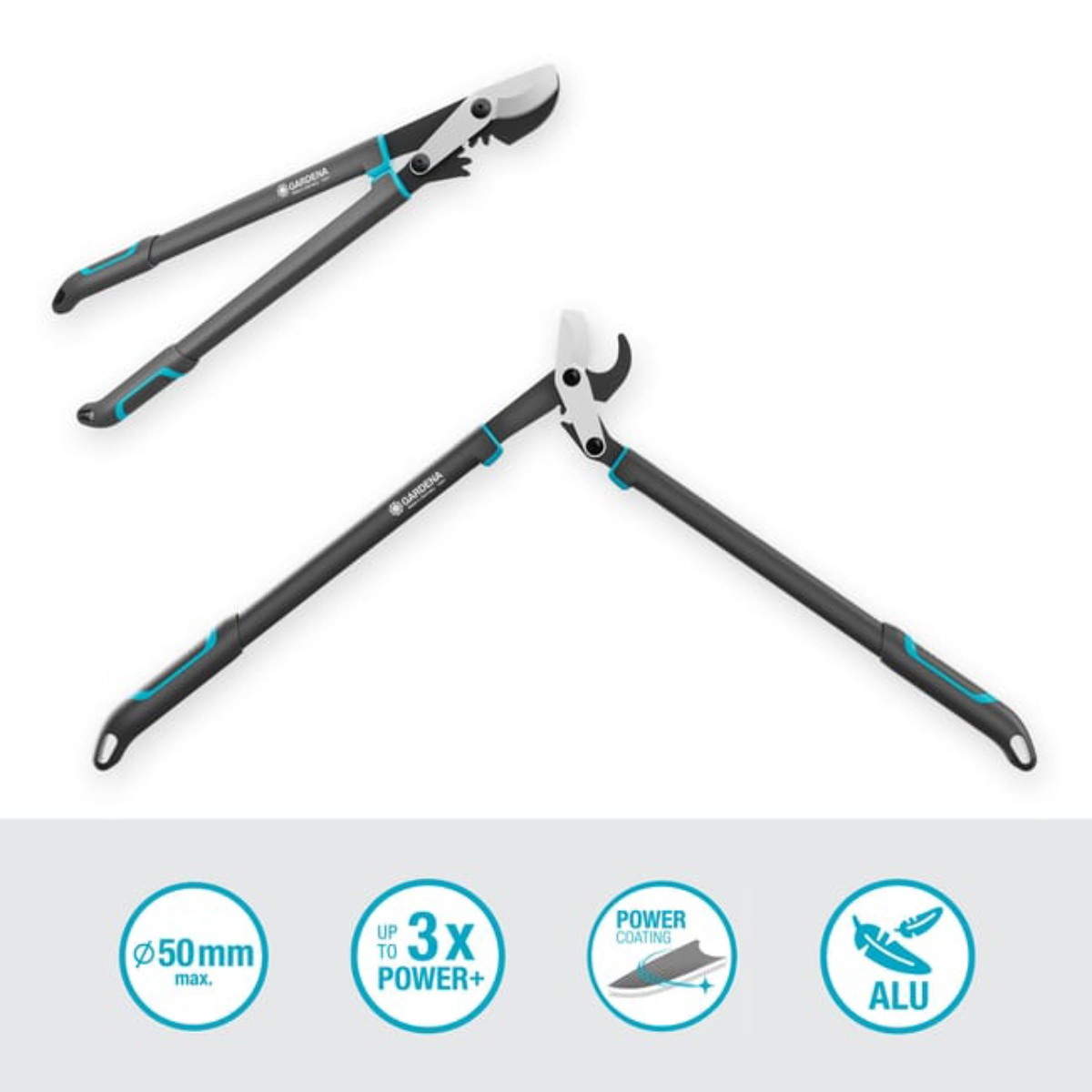 Dwa sekatory Gardena, jeden rozłożony i jeden złożony, z ikonami wskazującymi cechy.