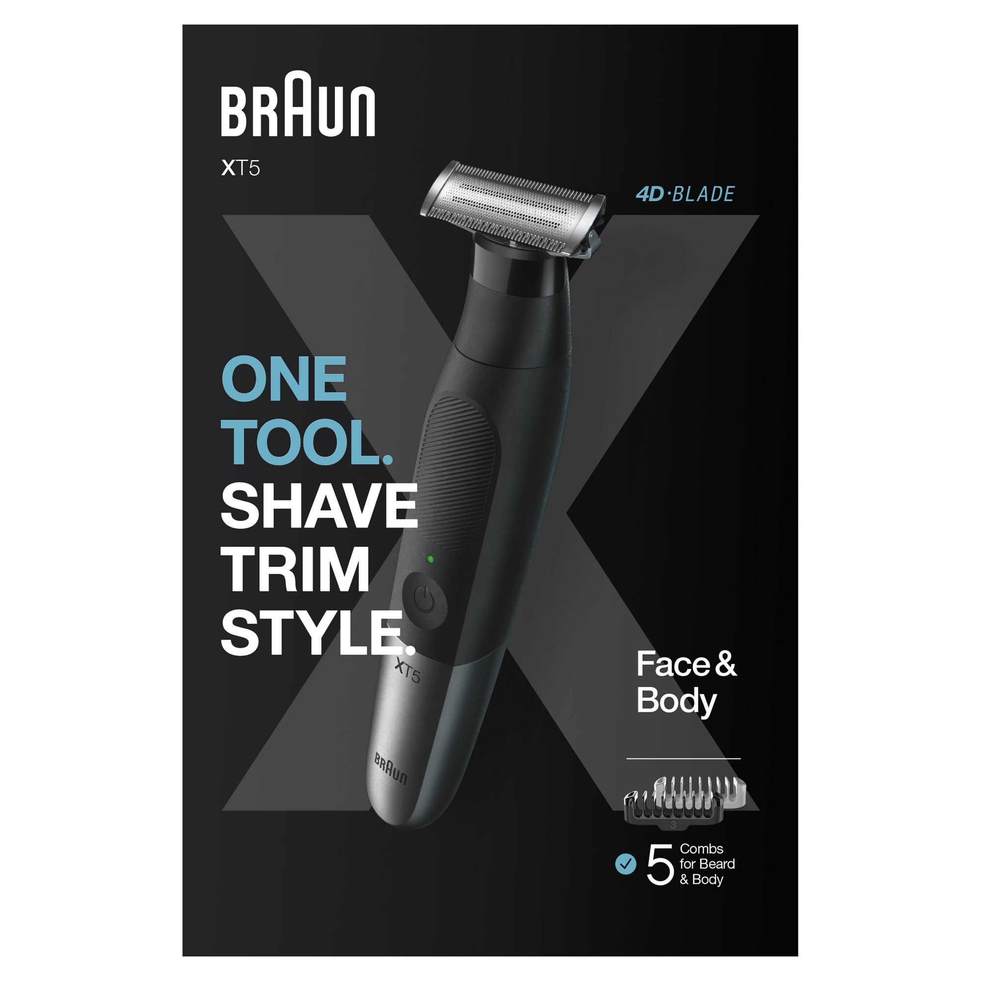 Braun XT5 Rasierer Werbung. Schwarzer Rasierer mit Text: Ein Werkzeug. Rasieren, trimmen, stylen. Gesicht & Körper.