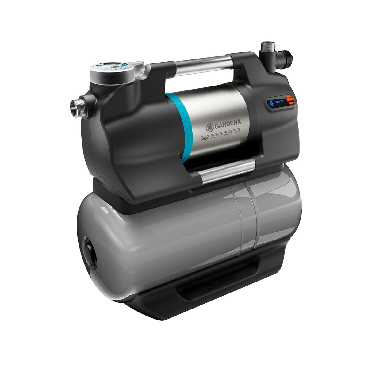 Eine Wasserpumpe mit schwarzem Gehäuse und silbernem Zylinder, Abmessungen und Gewichtsangaben werden angezeigt.
