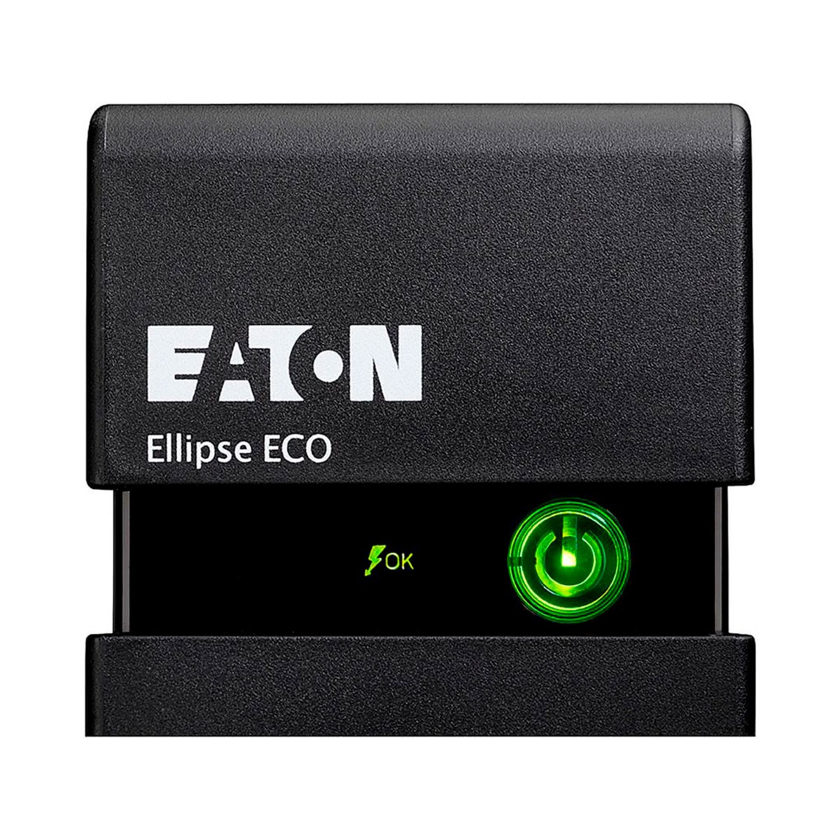 Dispositivo UPS negro, Eaton Ellipse ECO, con luz verde y la palabra OK.