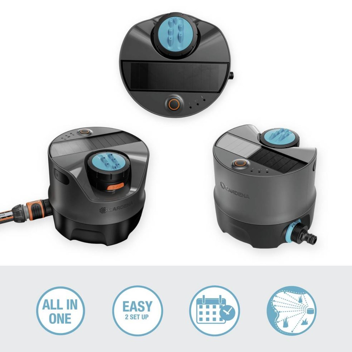 Tre viste di un sistema di controllo dell'acqua intelligente Gardena. Mostra il dispositivo e le sue funzioni.