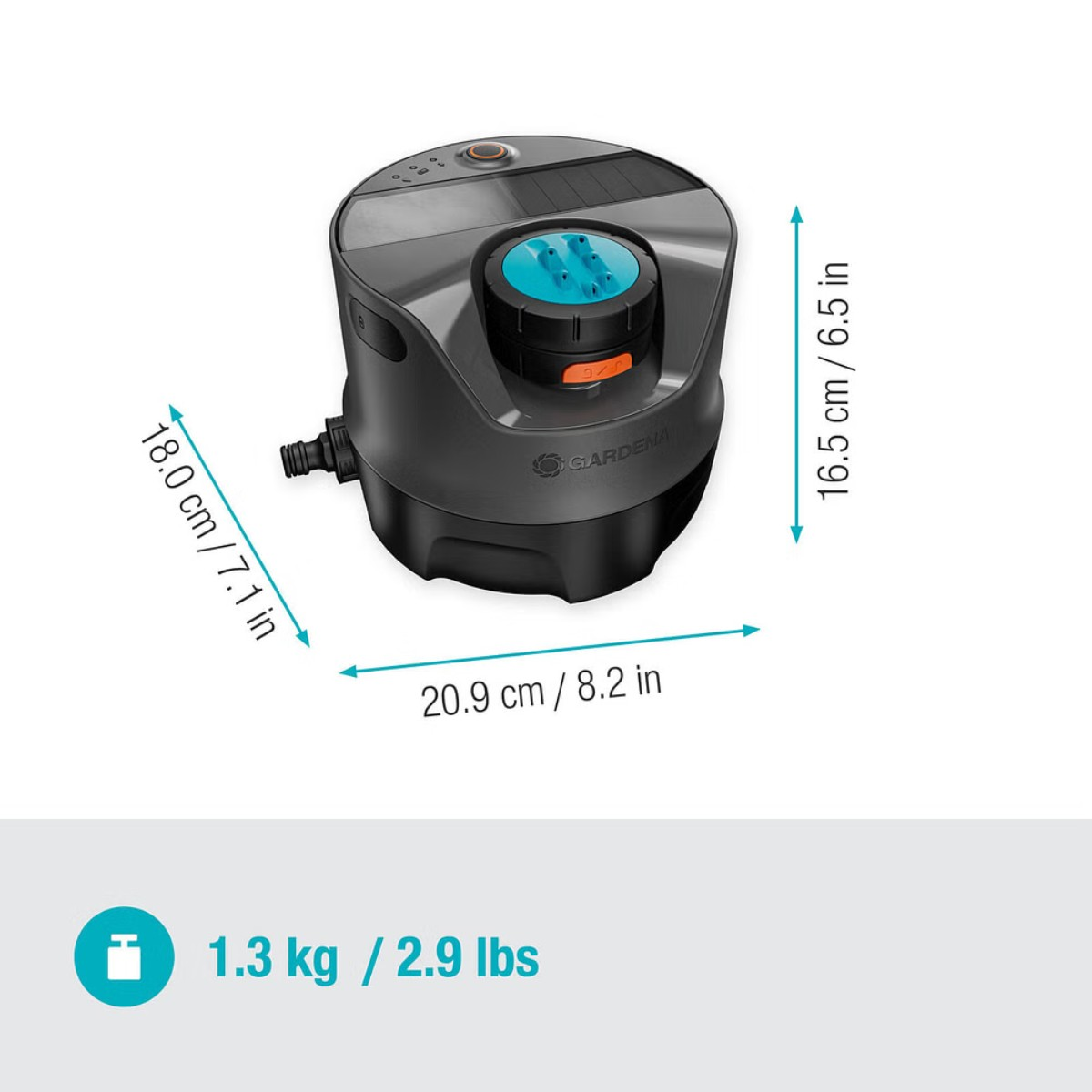 Sistema di irrigazione nero e grigio con parte superiore blu. Dimensioni e peso mostrati.