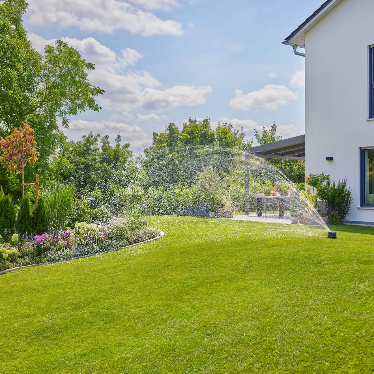 Un prato viene innaffiato da un irrigatore. Una casa e degli alberi sono sullo sfondo.