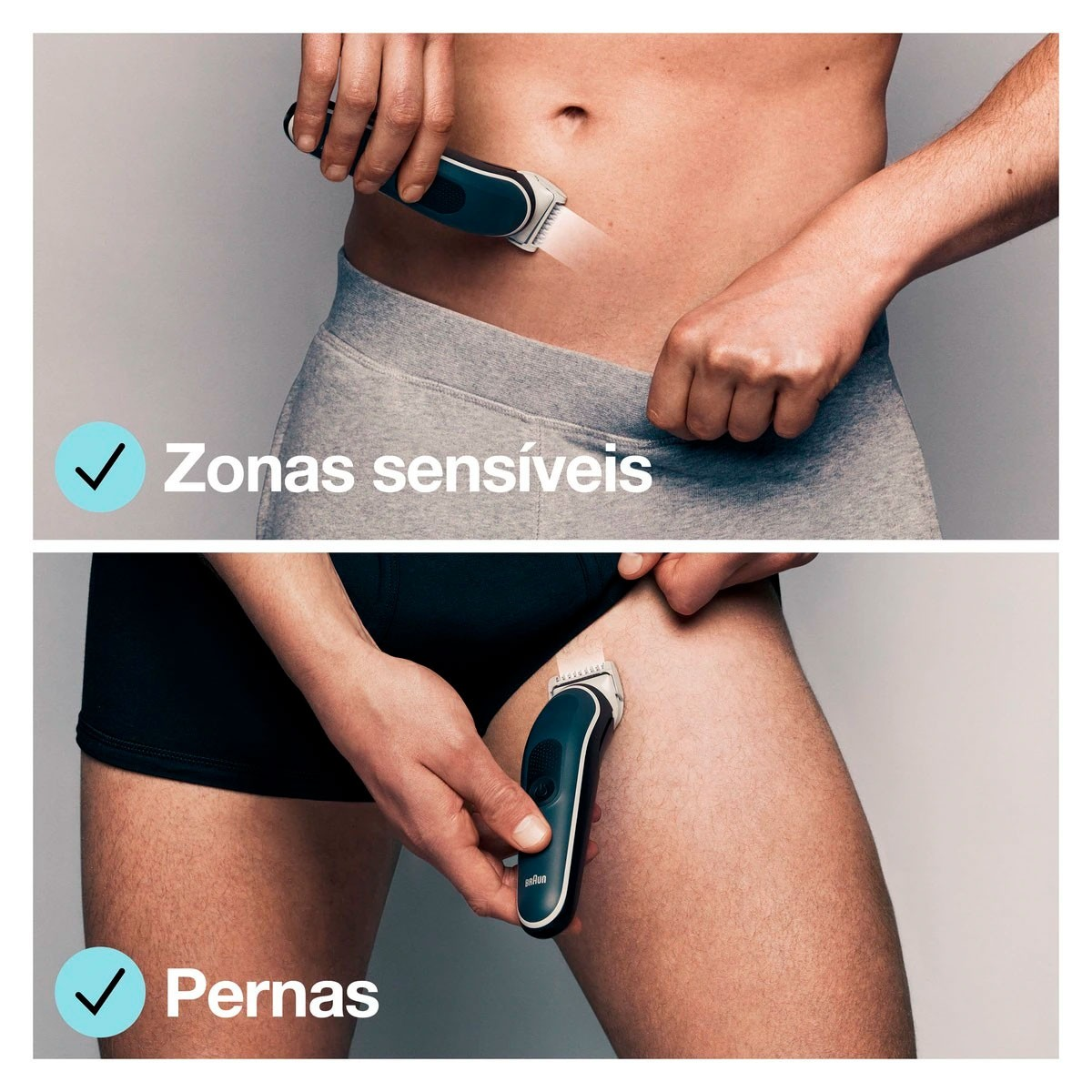Mężczyzna przycina okolice intymne za pomocą urządzenia do pielęgnacji. Inny obraz pokazuje nogi.