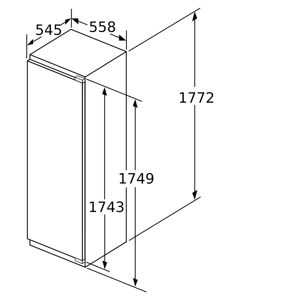 A technical diagram showing the dimensions of a refrigerator in millimeters.