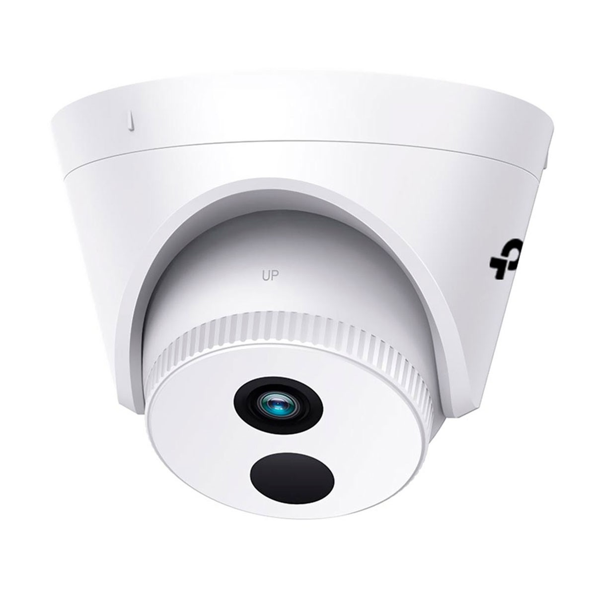 Cámara de seguridad domo blanca con lente negra y la palabra "UP" escrita en ella.