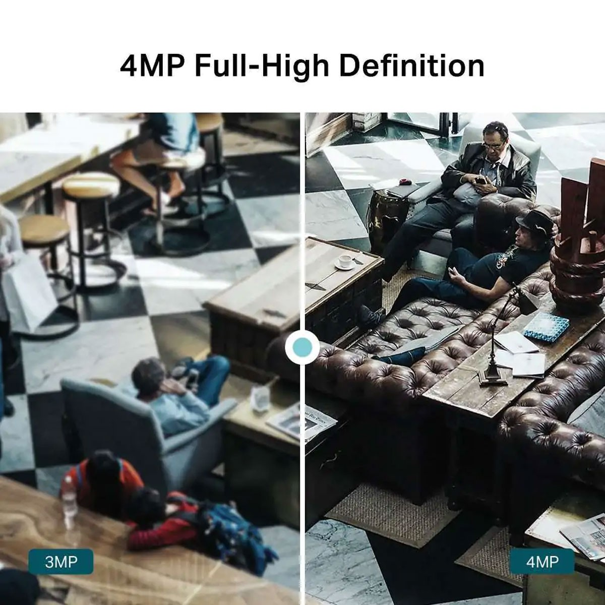 Pantalla dividida: resolución 3MP vs 4MP, mostrando gente en un café moderno.