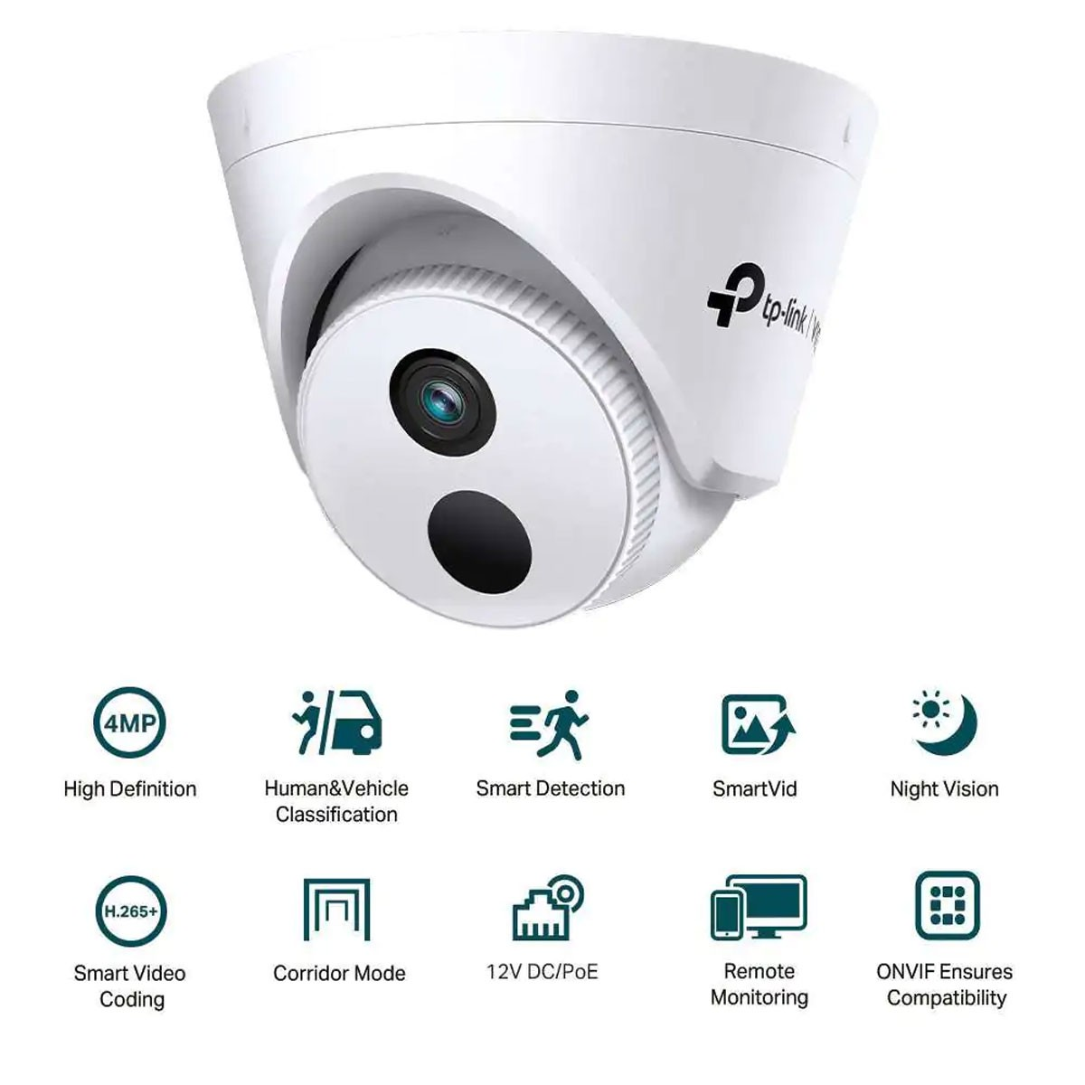Cámara de seguridad domo blanca con iconos que indican funciones como visión nocturna y monitorización remota.