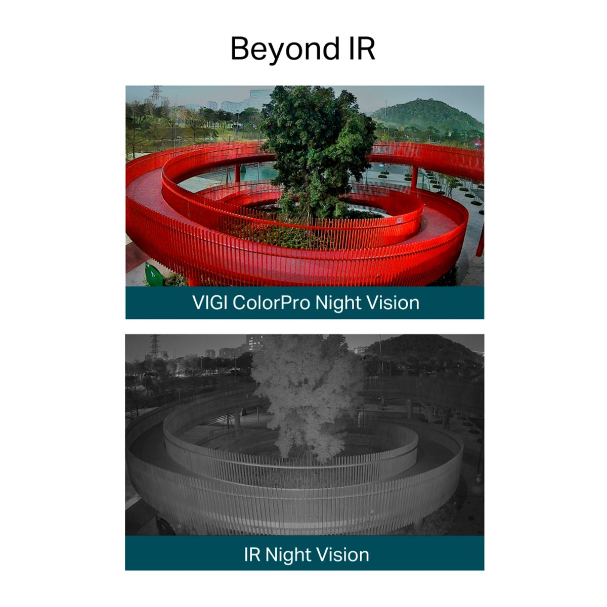 Porównanie VIGI ColorPro Night Vision i IR Night Vision, pokazujące różne poziomy szczegółowości.