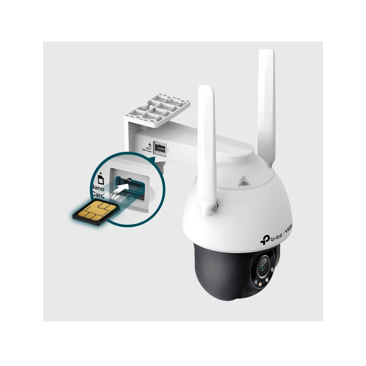 Biało-czarna kamera bezpieczeństwa z dwiema antenami, gniazdem na kartę nano i wkładaną kartą SIM.