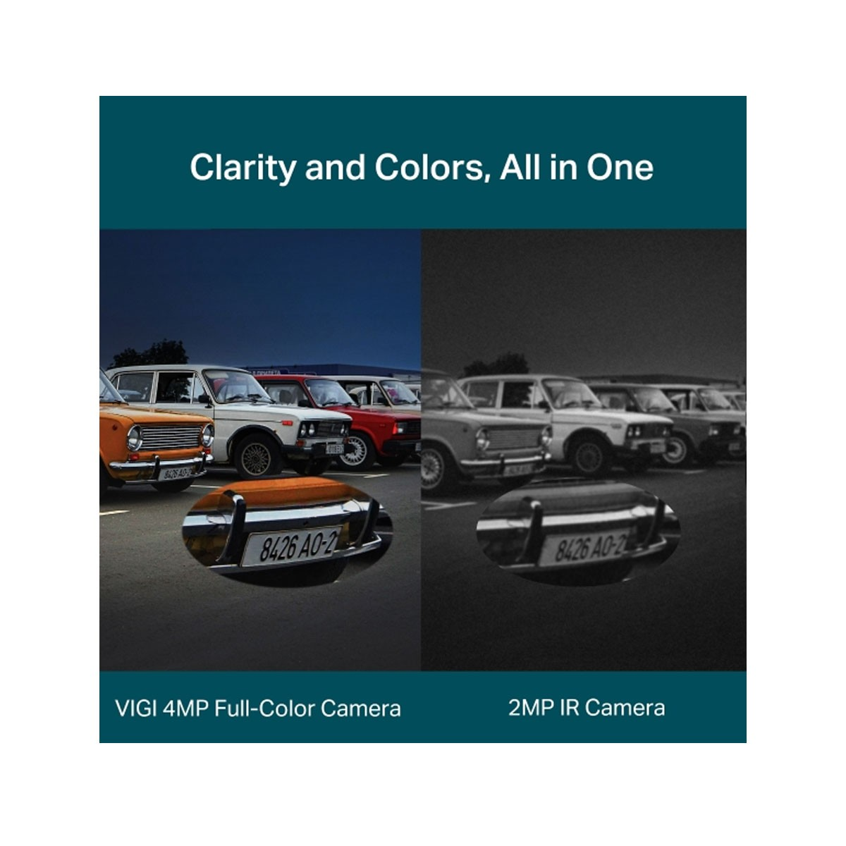 Dwa obrazy obok siebie, jeden kolorowy, jeden czarno-biały, samochodów z tablicami rejestracyjnymi.