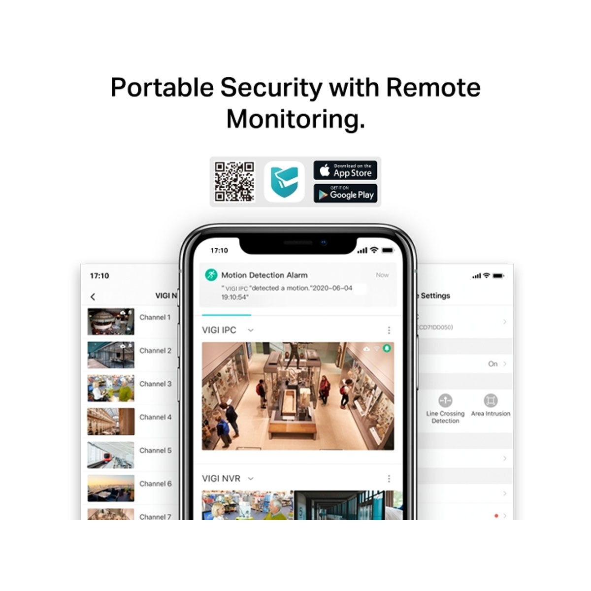 Smartfon pokazujący aplikację VIGI z podglądem na żywo z kamer i opcjami sterowania.